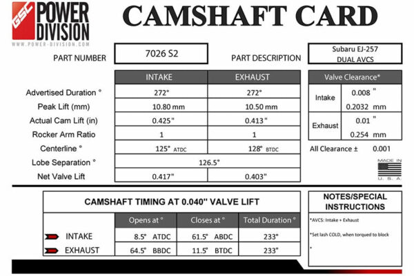 GSC S2 Billet Camshaft set - Subaru STI With Dual AVCS - Kaiju Motorsports